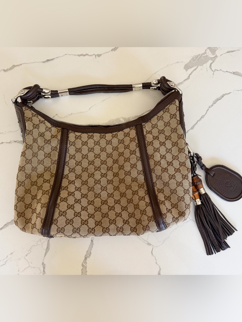 Gucci Techno Horsebit - Brown GG Canvas Shoulder Bag with Tassel
